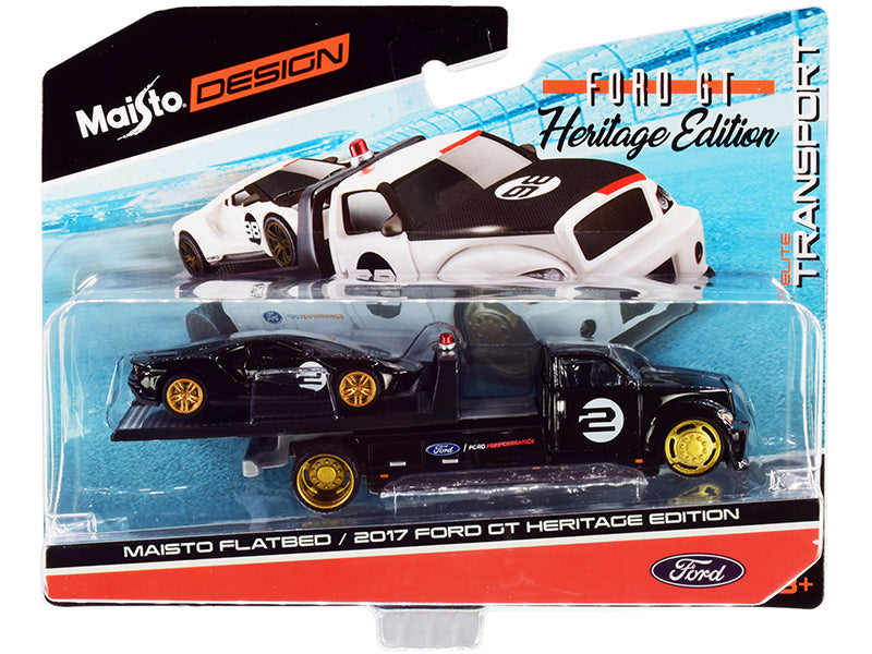 2017 Ford GT #2 Heritage Edition with Flatbed Truck Black "Elite Transport" Series 1/64 Diecast Model Cars by Maisto  free shipping USA