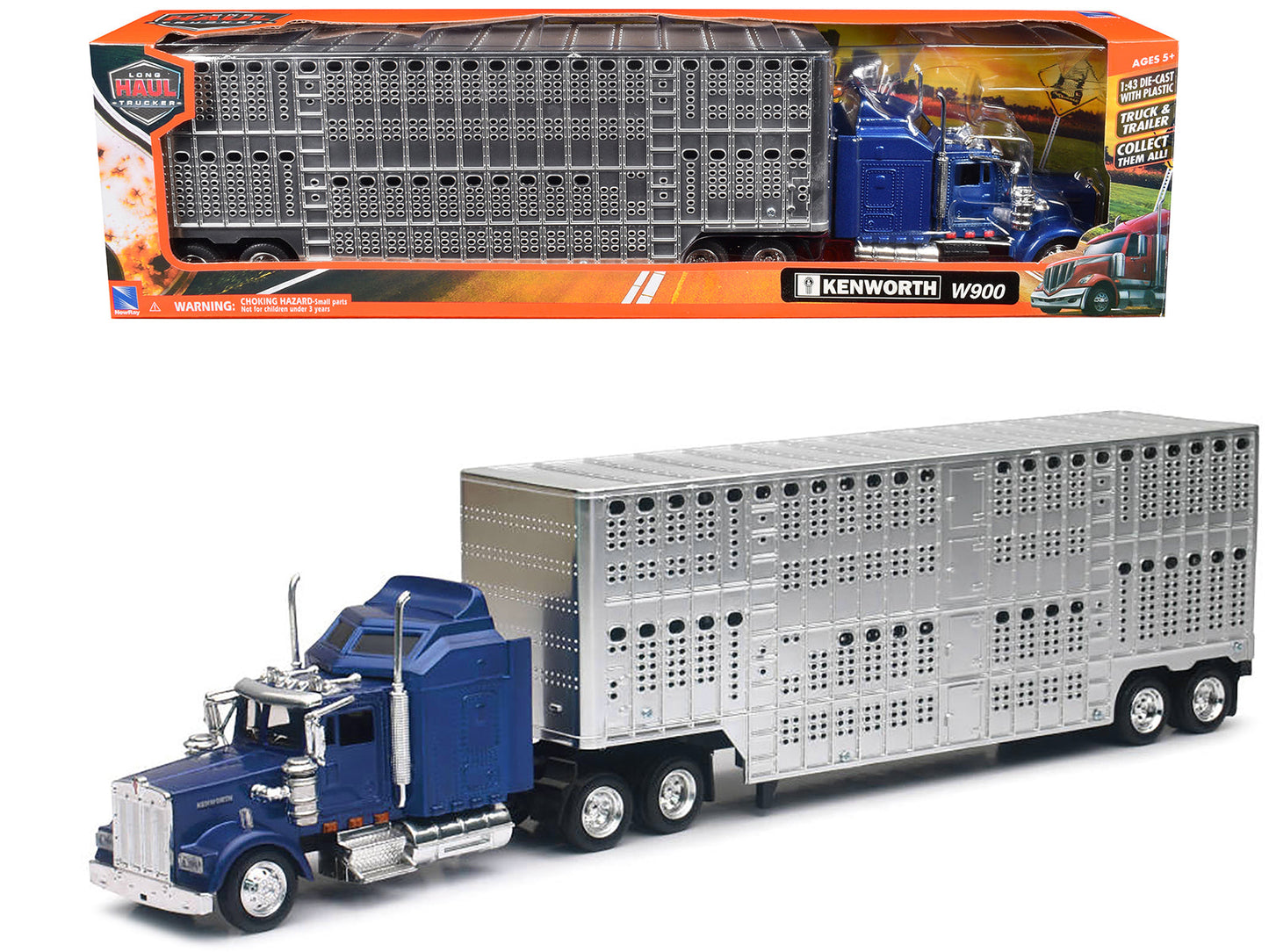 Kenworth W900 Truck Blue with Potbelly Livestock Trailer Chrome "Long Haul Truckers" Series 1/43 Diecast Model by New Ray  free shipping USA