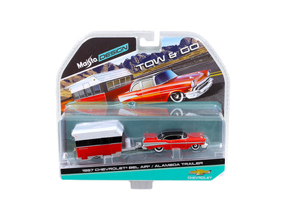 1957 Chevrolet Bel Air with Alameda Trailer Red Tow & Go 1/64 Diecast Model by Maisto  free shipping USA