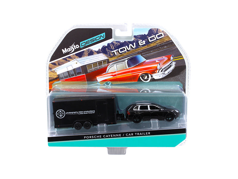 Porsche Cayenne Black and Car Trailer Tow & Go 1/64 Diecast Model by Maisto  free shipping USA