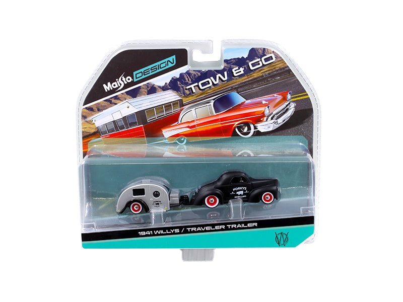 1941 Willys Matt Black and Traveler Trailer Tow & Go 1/64 Diecast Model by Maisto  free shipping USA