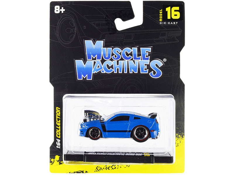 2013 Ford Mustang Boss 302 Light Blue with Black Stripes 1/64 Diecast Model Car by Muscle Machines  free shipping USA