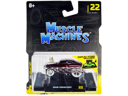 1949 Mercury Custom Coupe Dark Red Metallic with Flames 1/64 Diecast Model Car by Muscle Machines  free shipping USA