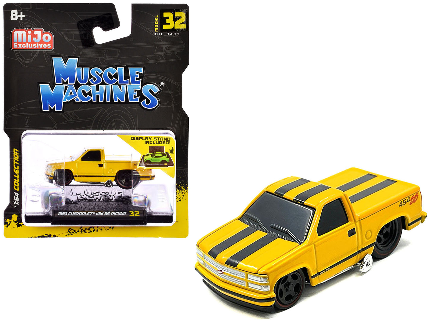 1993 Chevrolet 454 SS Pickup Truck Yellow with Black Stripes 1/64 Diecast Model Car by Muscle Machines  free shipping USA