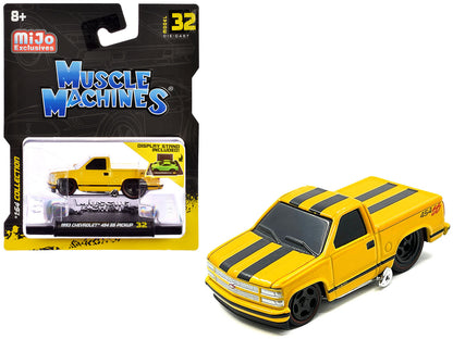 1993 Chevrolet 454 SS Pickup Truck Yellow with Black Stripes 1/64 Diecast Model Car by Muscle Machines  free shipping USA
