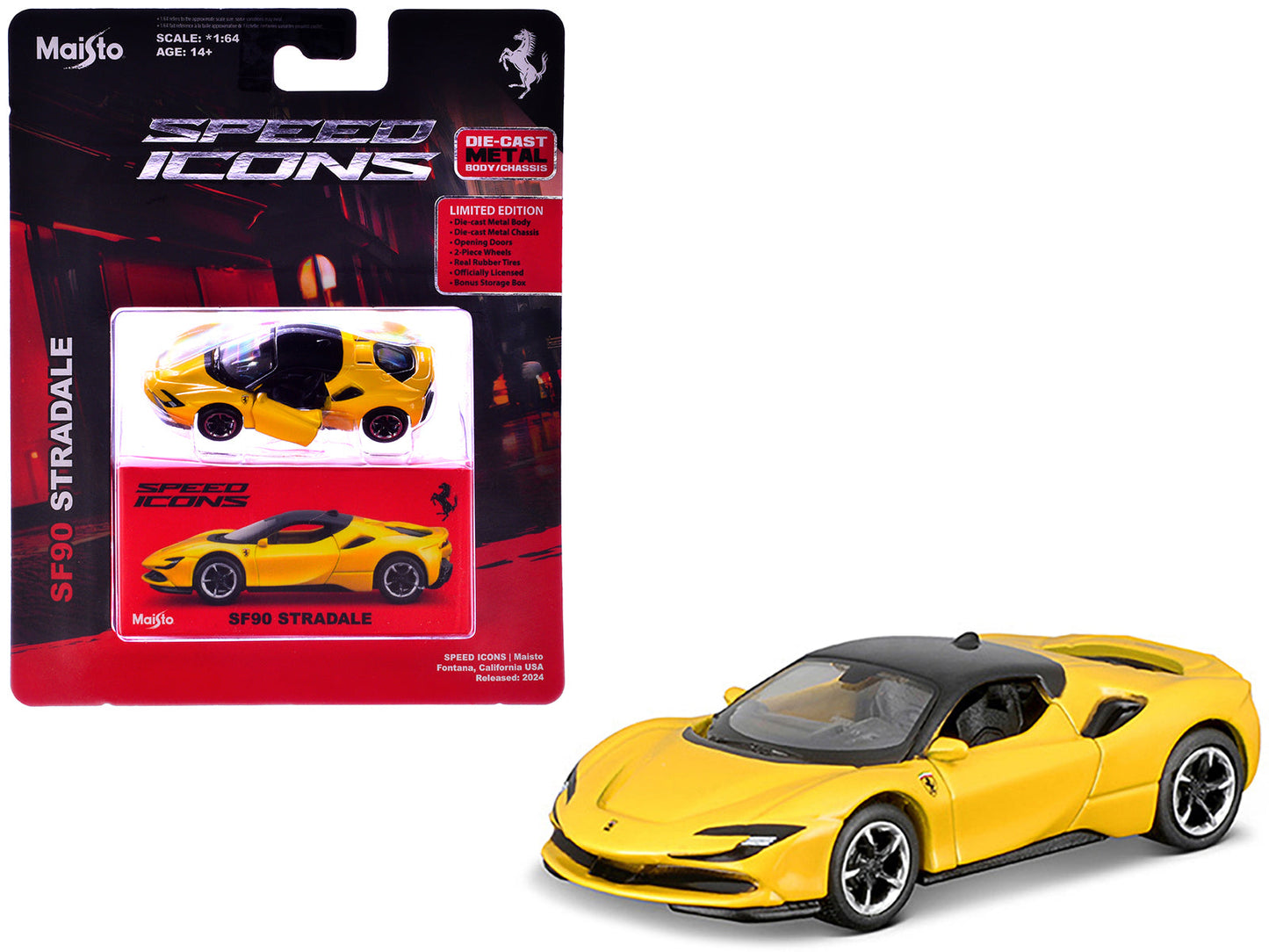 Ferrari SF90 Stradale Yellow with Black Top "Speed Icons" Series 1/64 Diecast Model Car by Maisto  free shipping USA