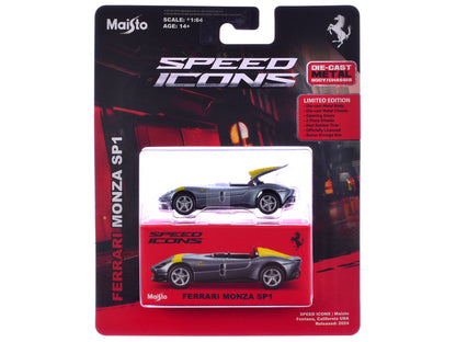 Ferrari Monza SP1 Silver Metallic with Yellow Stripes "Speed Icons" Series 1/64 Diecast Model Car by Maisto  free shipping USA
