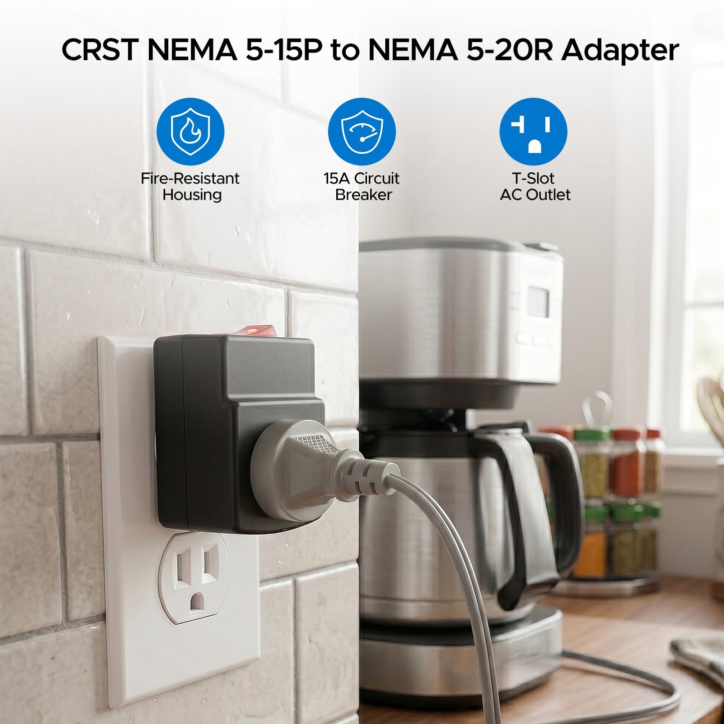 ETL Listed 15 to 20 Amp Adapter Plug with Built-In 15A Circuit Breaker | NEMA 5-15P to 5-20R