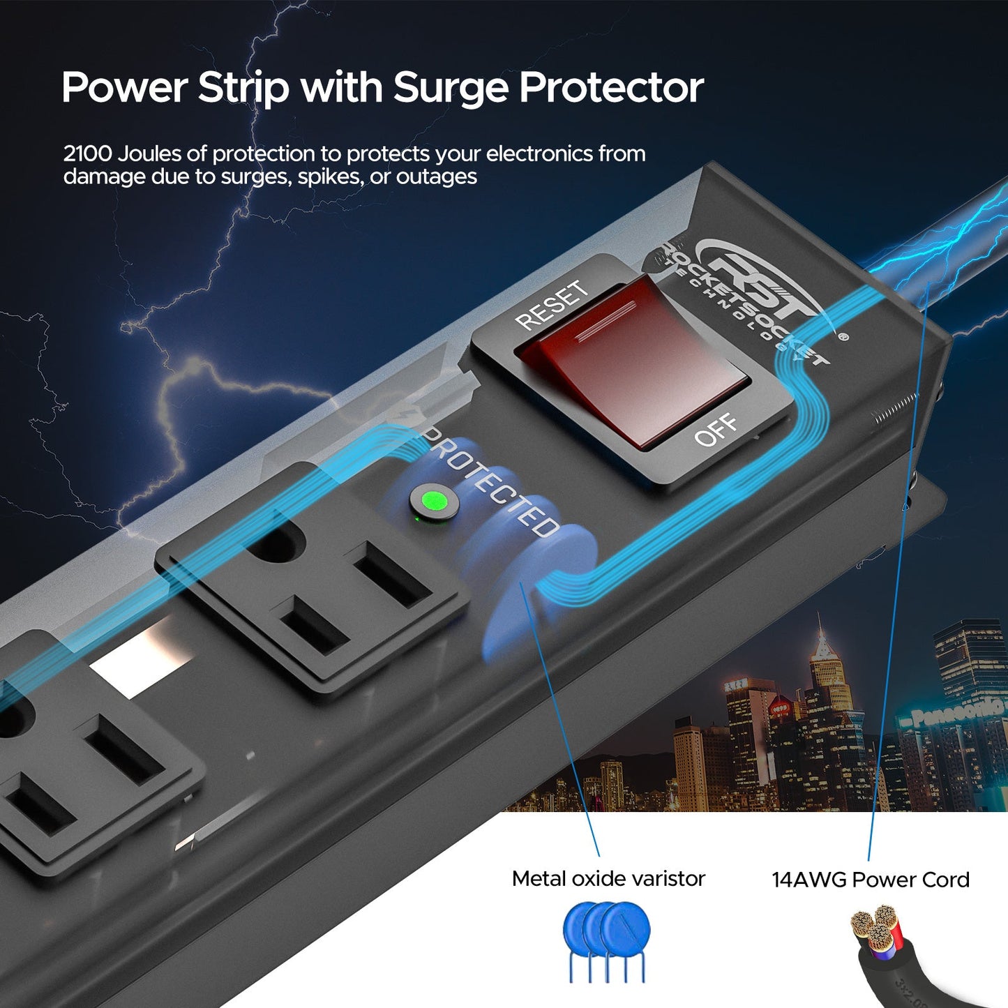 CRST 6 Outlets Wide Spaced Mountable Metal Power Strip Surge Protector, 2100 Joules Protection, Easy Mounting, 6FT