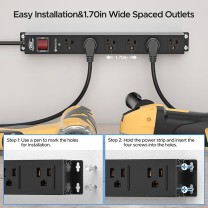 CRST 6 Outlets Wide Spaced Mountable Metal Power Strip Surge Protector, 2100 Joules Protection, Easy Mounting, 6FT