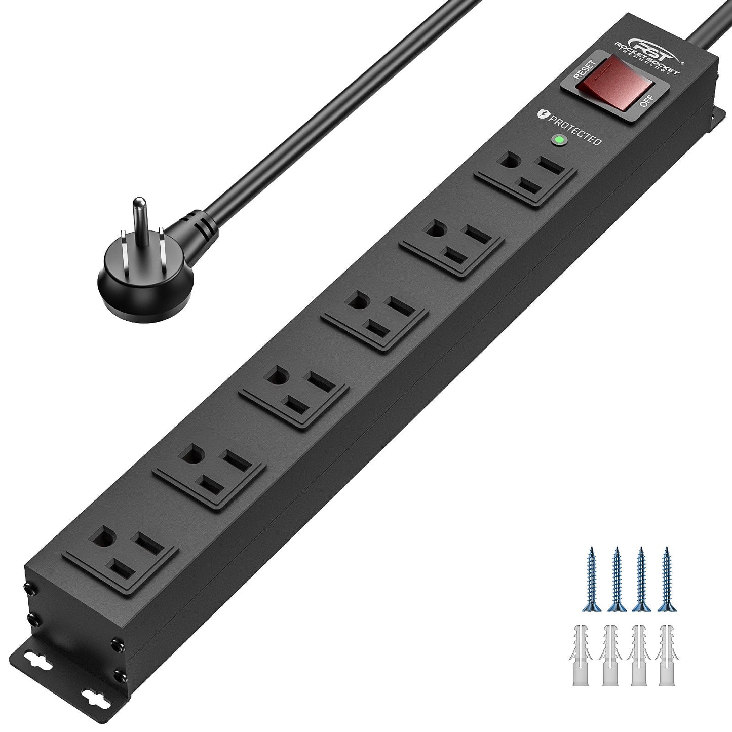 CRST 6 Outlets Wide Spaced Mountable Metal Power Strip Surge Protector, 2100 Joules Protection, Easy Mounting, 6FT