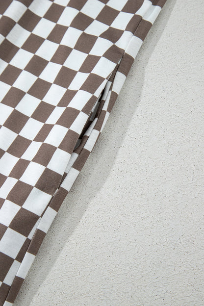 Checkered Print Crew Neck Wide Leg Jumpsuit