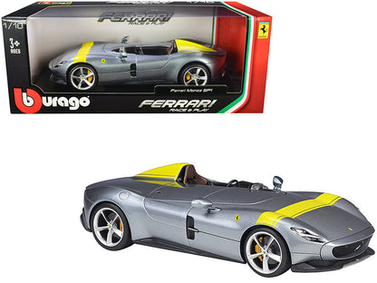 Ferrari Monza SP1 Silver Metallic with Yellow Stripes 1/18 Diecast Model Car by Bburago  free shipping USA