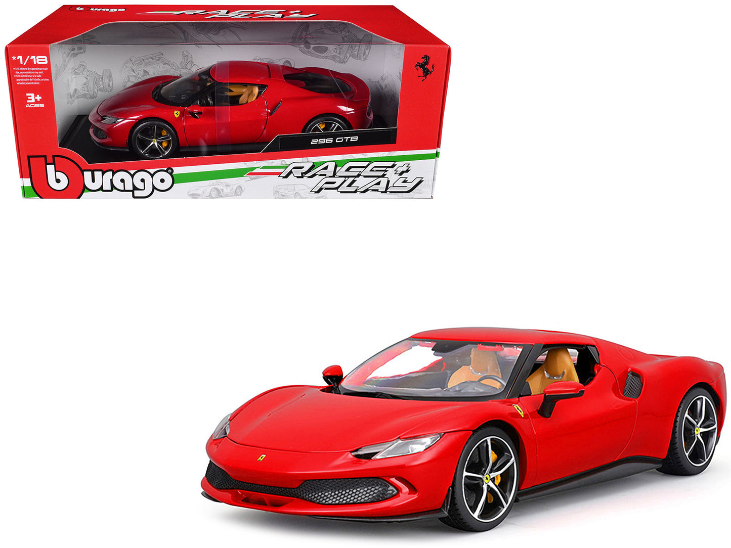 Ferrari 296 GTB Red "Race + Play" Series 1/18 Diecast Model Car by Bburago  free shipping USA