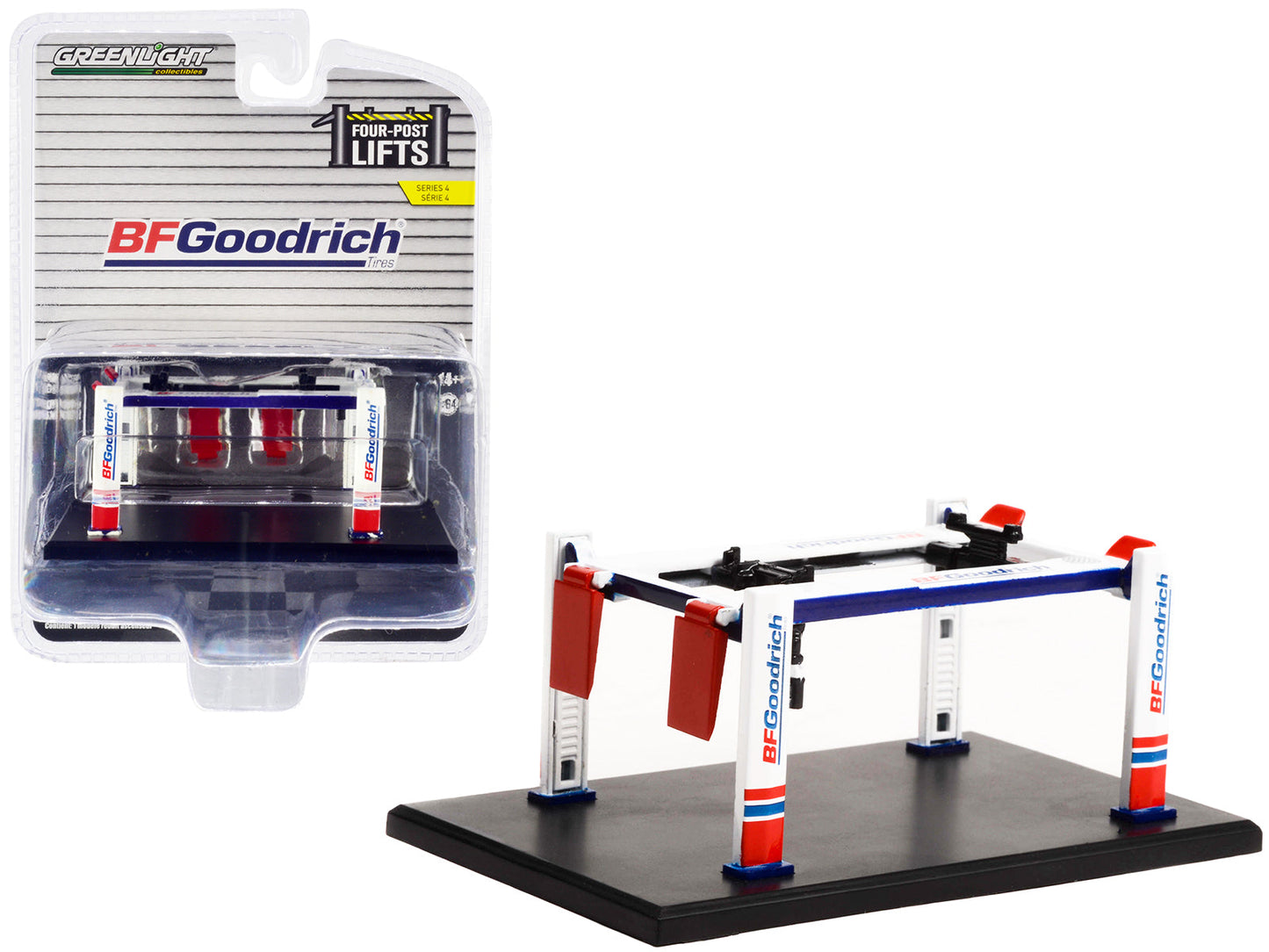 Adjustable Four-Post Lift "BFGoodrich" White and Red "Four-Post Lifts" "Four-Post Lifts" Series 4 1/64 Diecast Model by Greenlight  free shipping USA