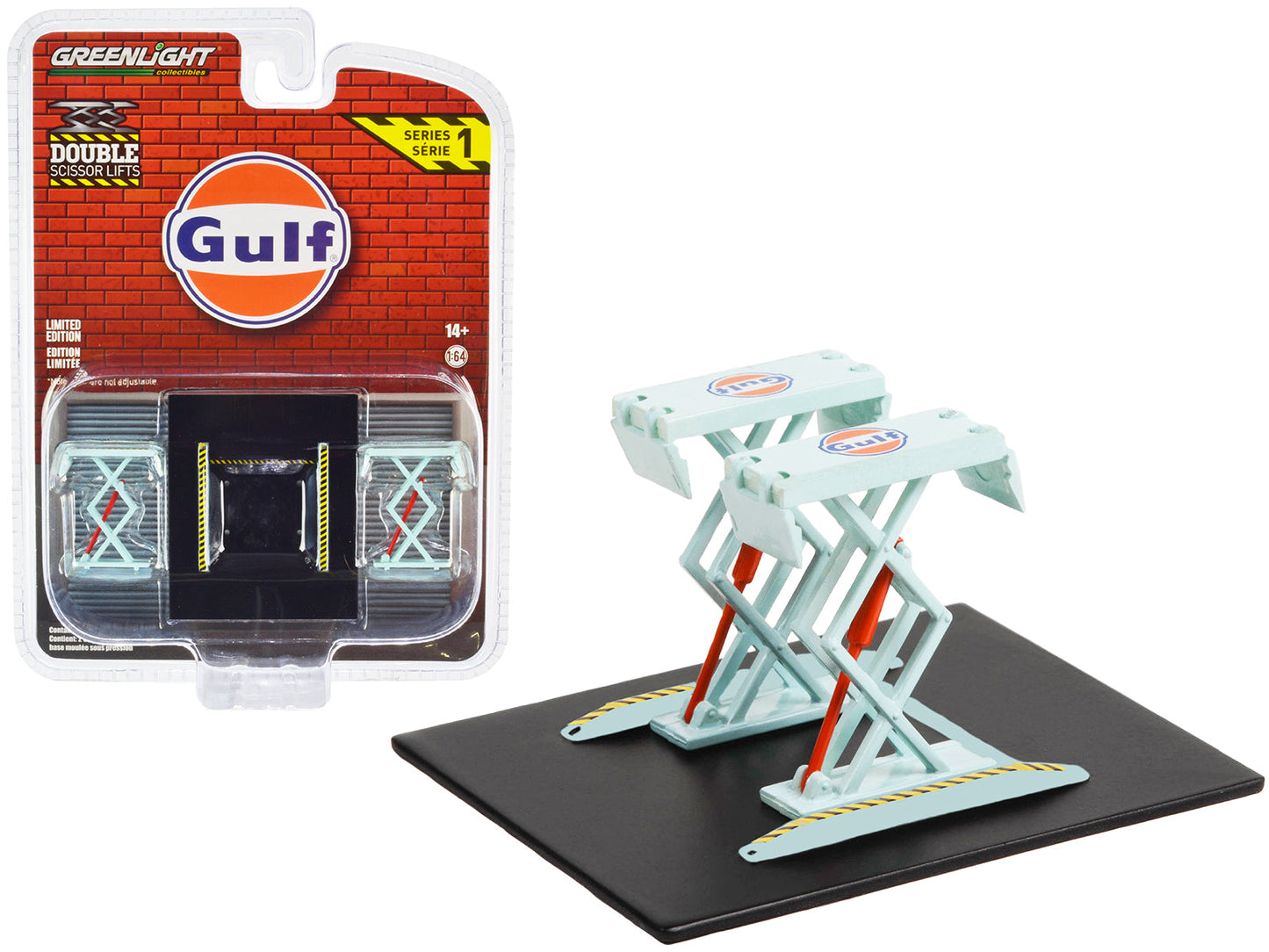 Automotive Double Scissor Lift "Gulf Oil" Light Blue "Double Scissor Lifts" Series 1 1/64 Diecast Model by Greenlight  free shipping USA