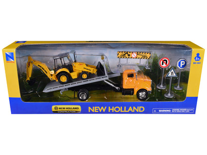 Peterbilt 335 Roll-Off Flatbed Truck and New Holland B110C Backhoe Loader with Street Signs "New Holland Construction" Diecast Models by New Ray  free shipping USA