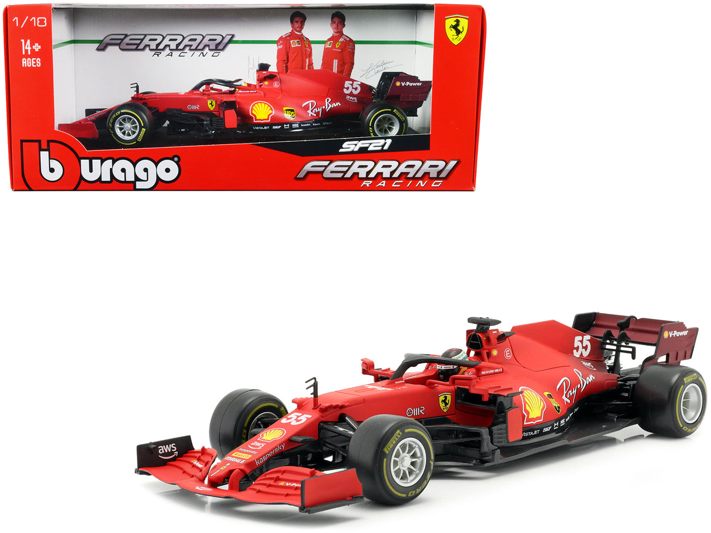 Ferrari SF21 #55 Carlos Sainz Formula One F1 Car "Ferrari Racing" Series 1/18 Diecast Model Car by Bburago  free shipping USA