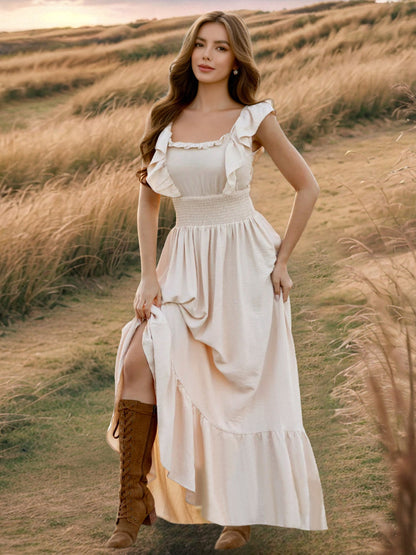 Ruffled Smocked Square Neck Maxi Dress