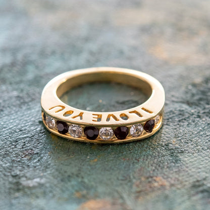 Vintage 1980s I Love You Ring Band Ring Garnet and Clear Austrian Crystals Imported by PVD Vintage Jewelry