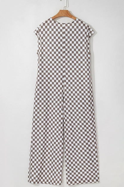 Checkered Print Crew Neck Wide Leg Jumpsuit