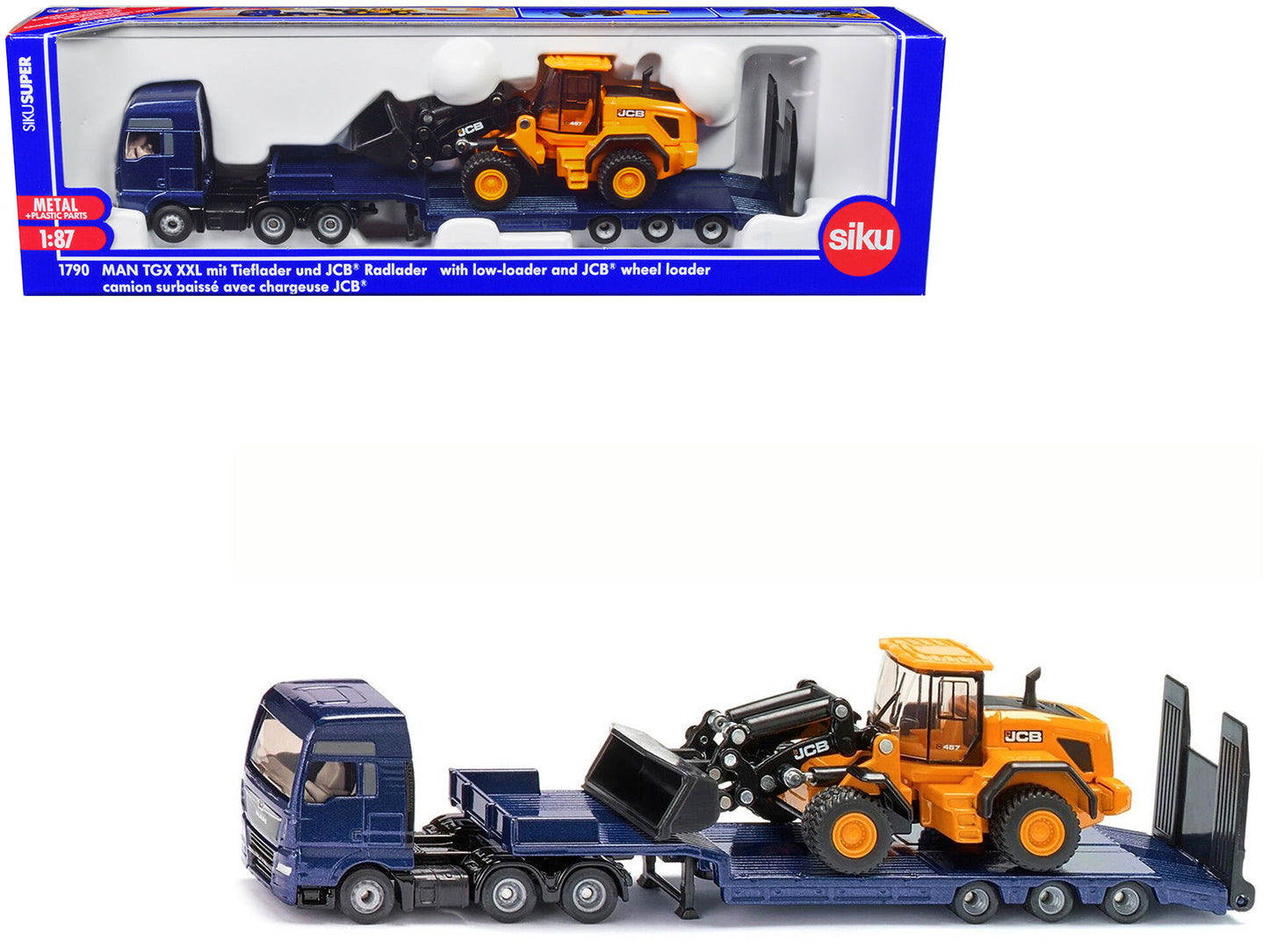 MAN Truck Blue Metallic with Low Loader Trailer and JCB 457 Wheel Loader Yellow 1/87 (HO) Diecast Model by Siku  free shipping USA
