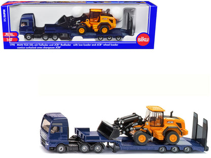 MAN Truck Blue Metallic with Low Loader Trailer and JCB 457 Wheel Loader Yellow 1/87 (HO) Diecast Model by Siku  free shipping USA