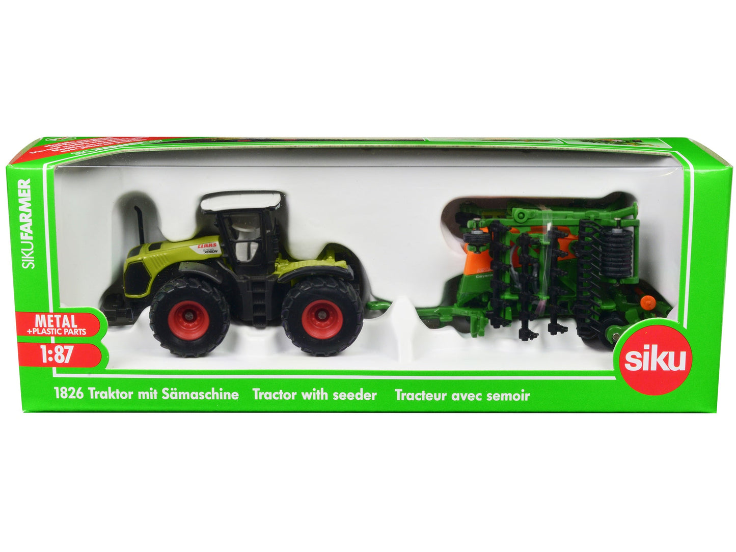 Claas Xerion 5000 Tractor Green with Gray Top and Amazone Cayena 6001 Seeder 1/87 (HO) Diecast Model by Siku  free shipping USA