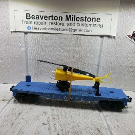 LIONEL HELICOPTER CAR, 61-63 VARIATION (B) ONE OPERATING COUPLER, YELLOW HELICOPTER, 63