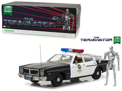 1977 Dodge Monaco Metropolitan Police with T-800 Endoskeleton Figurine "The Terminator" (1984) Movie 1/18 Diecast Model Car by Greenlight  free shipping USA