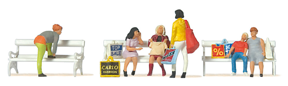 Preiser 10738 HO Scale Shopping People on Park Bench Set