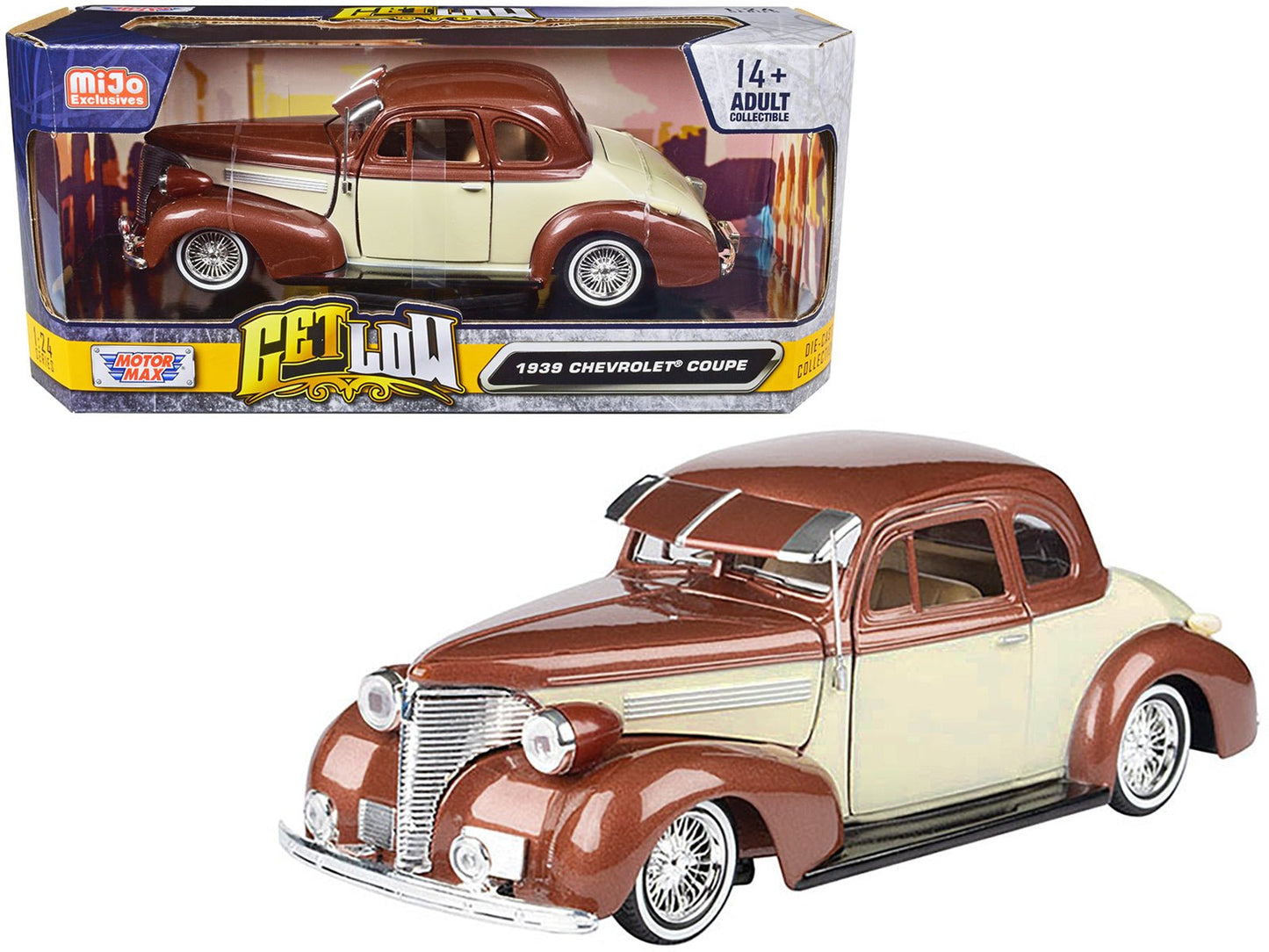 1939 Chevrolet Coupe Lowrider Beige and Brown Metallic "Get Low" Series 1/24 Diecast Model Car by Motormax  free shipping USA