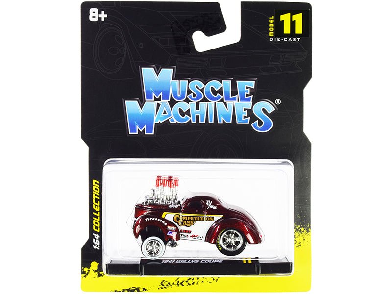 1941 Willys Coupe Gasser "Competition Cams" Red Metallic and White 1/64 Diecast Model Car by Muscle Machines  free shipping USA