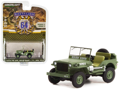 1942 Willys MB Jeep #20362162-S Green "U.S. Army World War II - Rough Rider" "Battalion 64" Release 2 1/64 Diecast Model Car by Greenlight  free shipping USA