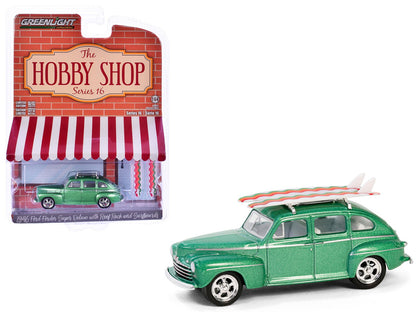 1946 Ford Fordor Super Deluxe Green Metallic with White Interior and Roof Rack with Surfboards "The Hobby Shop" Series 16 1/64 Diecast Model Car by Greenlight  free shipping USA