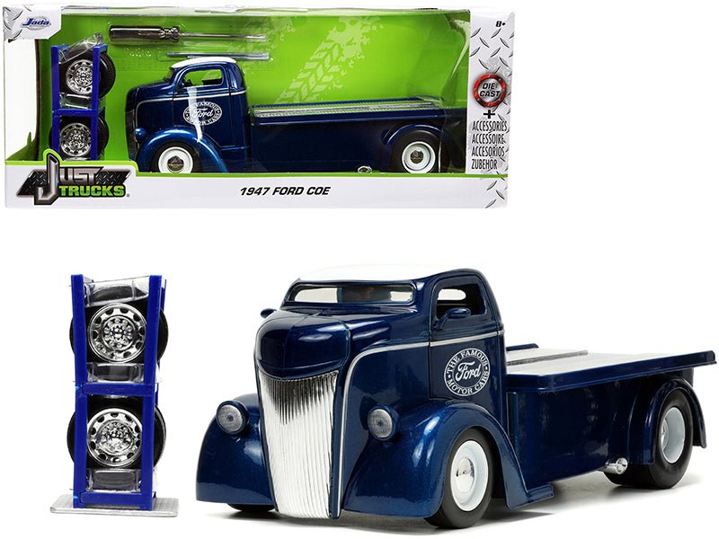 1947 Ford COE Flatbed Truck Dark Blue Metallic with White Top "The Famous Motor Cars" with Extra Wheels "Just Trucks" Series 1/24 Diecast Model by Jada  free shipping USA