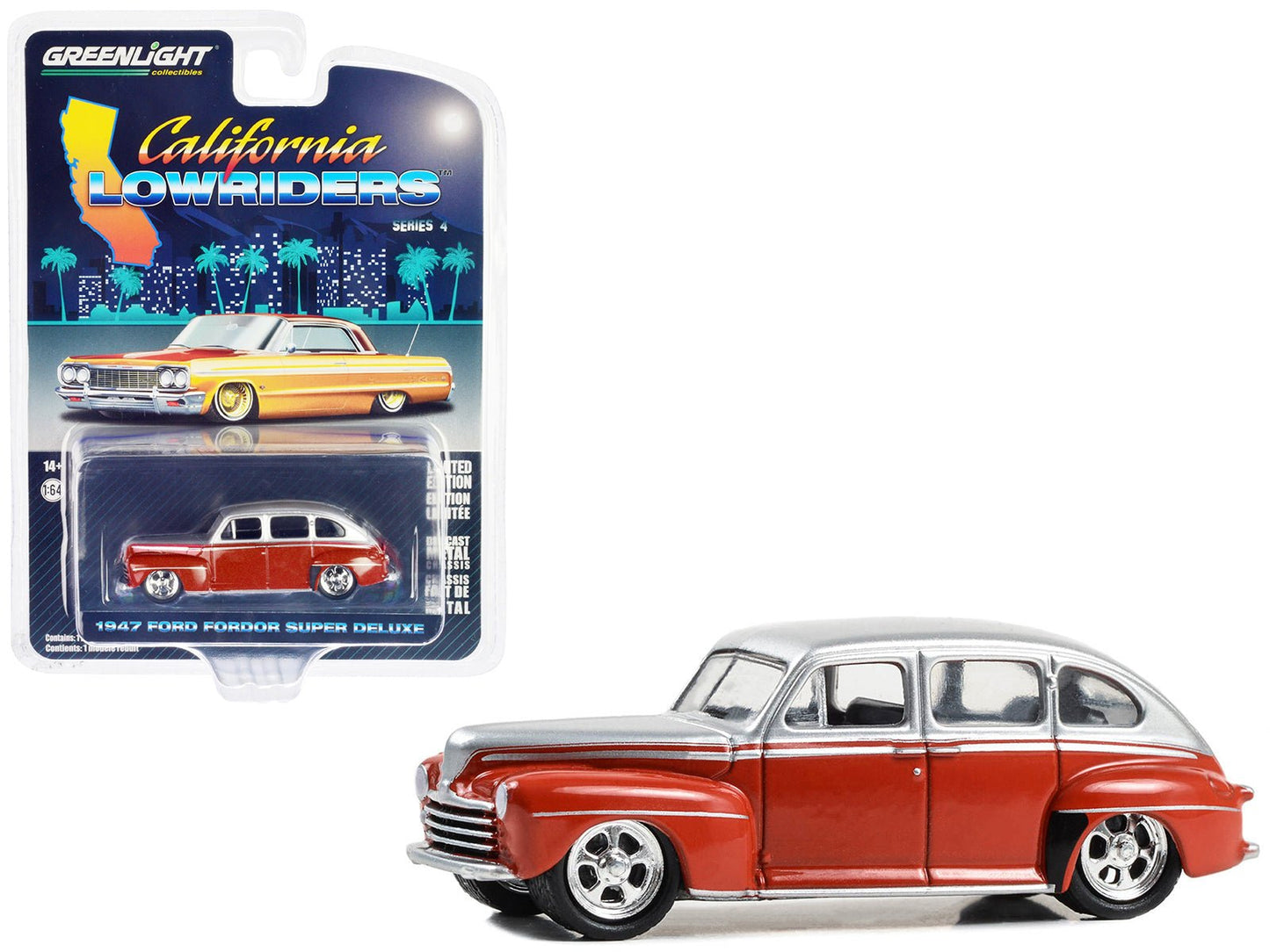 1947 Ford Fordor Super Deluxe Lowrider Red and Silver Metallic "California Lowriders" Series 4 1/64 Diecast Model Car by Greenlight  free shipping USA