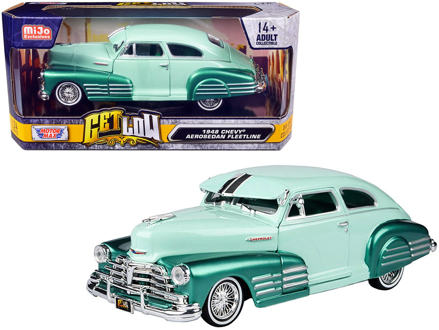 1948 Chevrolet Aerosedan Fleetside Lowrider Pastel Green and Green Metallic Two-Tone "Get Low" Series 1/24 Diecast Model Car by Motormax  free shipping USA
