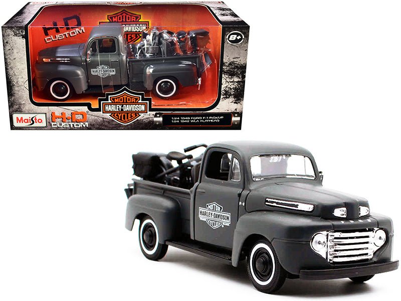 1948 Ford F-1 Pickup Truck and 1942 Harley-Davidson WLA Flathead Motorcycle Matt Dark Gray "Harley-Davidson Custom" 1/24 Diecast Models by Maisto  free shipping USA