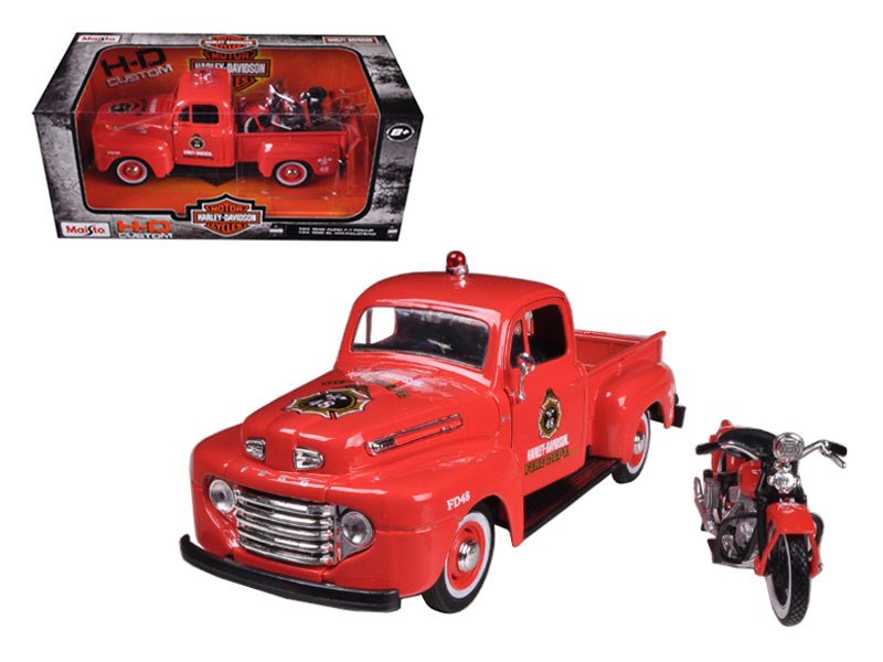 1948 Ford F-1 Pickup Truck "Harley Davidson" Fire Truck and 1936 El Knucklehead Motorcycle 1/24 Diecast Models by Maisto  free shipping USA