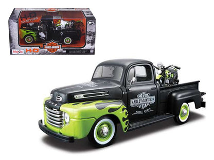 1948 Ford F-1 Pickup Truck "Harley Davidson" with 1948 Harley Davidson FL Panhead Motorcycle Black and Green 1/24 Diecast Models by Maisto  free shipping USA