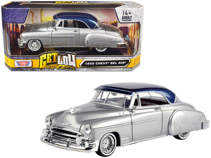 1950 Chevrolet Bel Air Lowrider Silver Metallic with Blue Metallic Top "Get Low" Series 1/24 Diecast Model Car by Motormax  free shipping USA