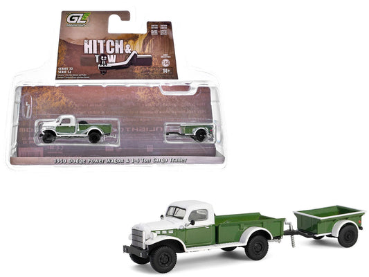 1950 Dodge Power Wagon Pickup Truck Green and White with 1/4 Ton Cargo Trailer Green "Hitch & Tow" Series 32 1/64 Diecast Model Cars by Greenlight  free shipping USA