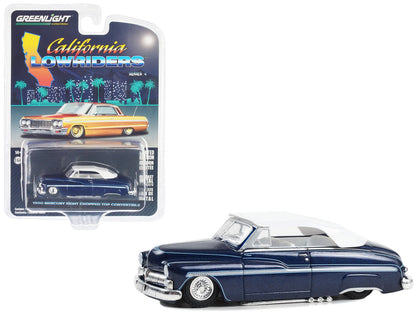 1950 Mercury Eight Chopped Top Convertible Lowrider Dark Blue Metallic with Light Blue Pinstripes and White Top and Interior "California Lowriders" Series 4 1/64 Diecast Model Car by Greenlight  free shipping USA