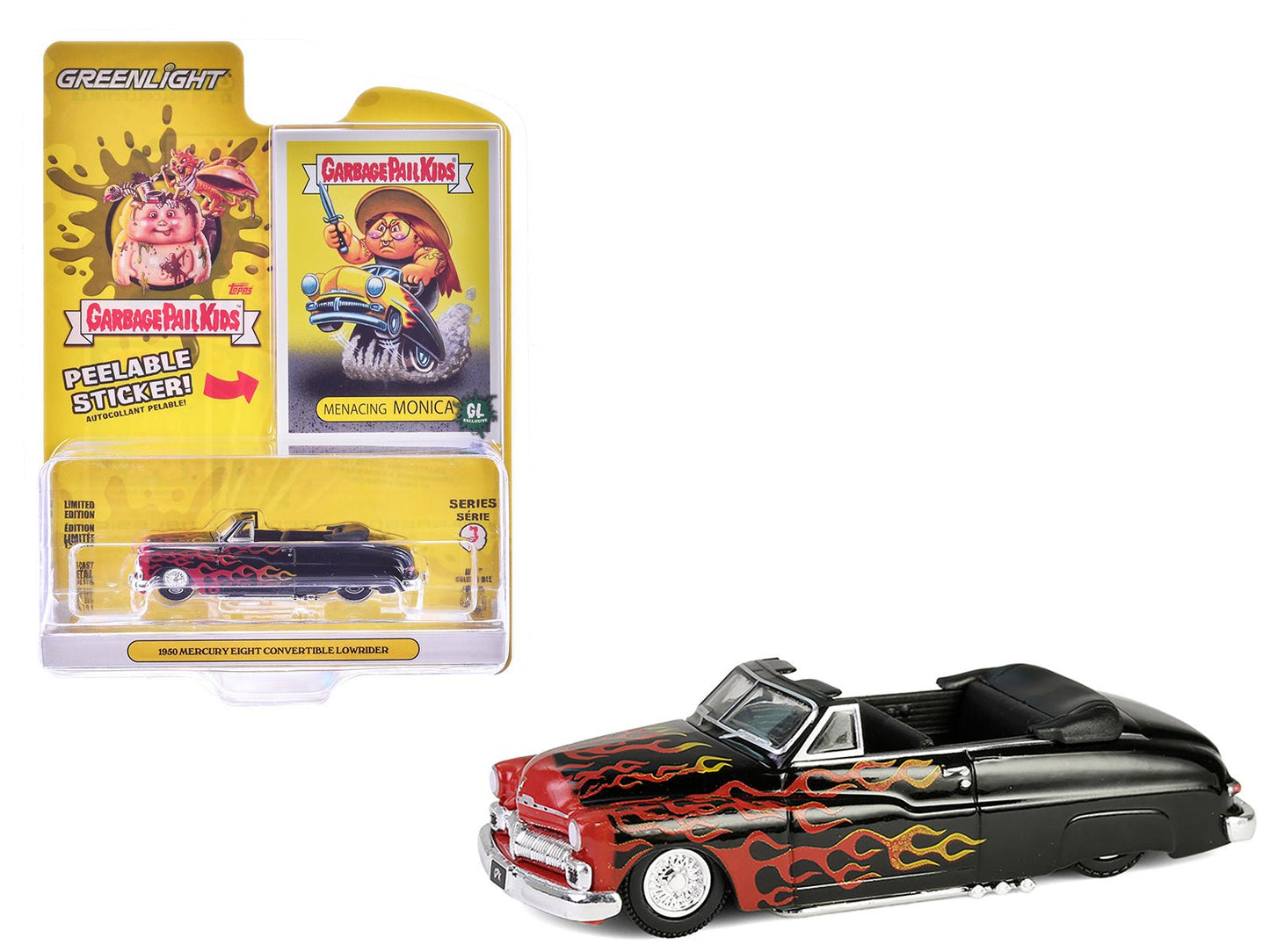 1950 Mercury Eight Convertible Lowrider Black with Flames "Menacing Monica" "Garbage Pail Kids" Series 7 1/64 Diecast Model Car by Greenlight  free shipping USA