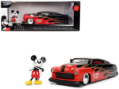 1951 Mercury Coupe Black with Flame Graphics and Red Interior and Mickey Mouse Diecast Figure "Disney's Mickey Mouse" "Hollywood Rides" Series 1/24 Diecast Model Car by Jada  free shipping USA