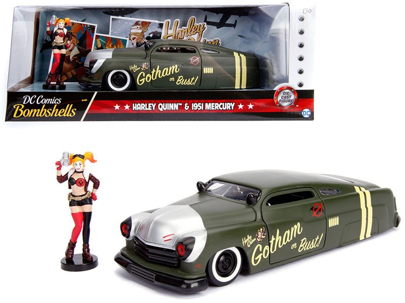 1951 Mercury Matt Green with Harley Quinn Diecast Figurine "DC Comics Bombshells" Series 1/24 Diecast Model Car by Jada  free shipping USA
