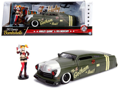 1951 Mercury Matt Green with Harley Quinn Diecast Figurine "DC Comics Bombshells" Series 1/24 Diecast Model Car by Jada  free shipping USA
