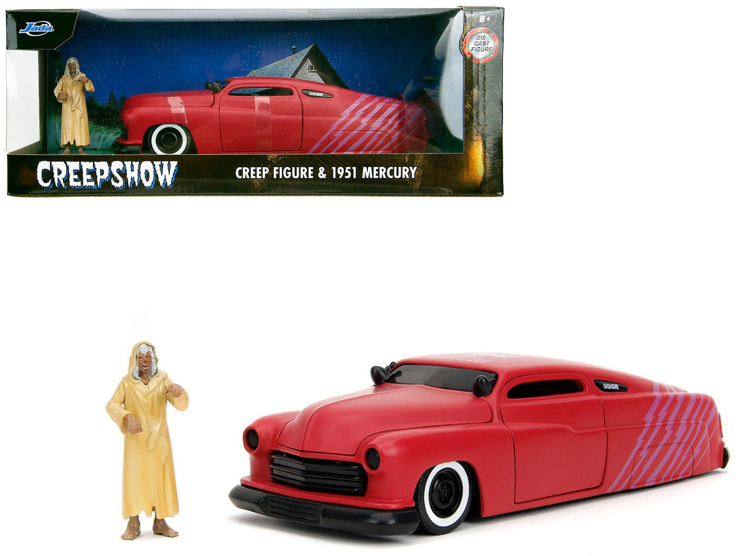 1951 Mercury Matt Red with Purple Stripes and Creep Diecast Figure "Creepshow" (1982) Movie "Hollywood Rides" Series 1/24 Diecast Model Car by Jada  free shipping USA