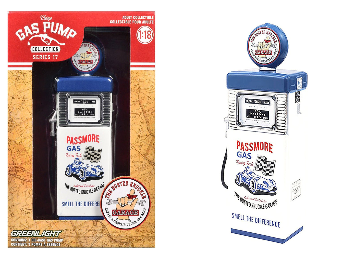1951 Wayne 505 Gas Pump "Busted Knuckle Garage" White and Blue "Vintage Gas Pumps" Series 17 1/18 Diecast Replica by Greenlight  free shipping USA